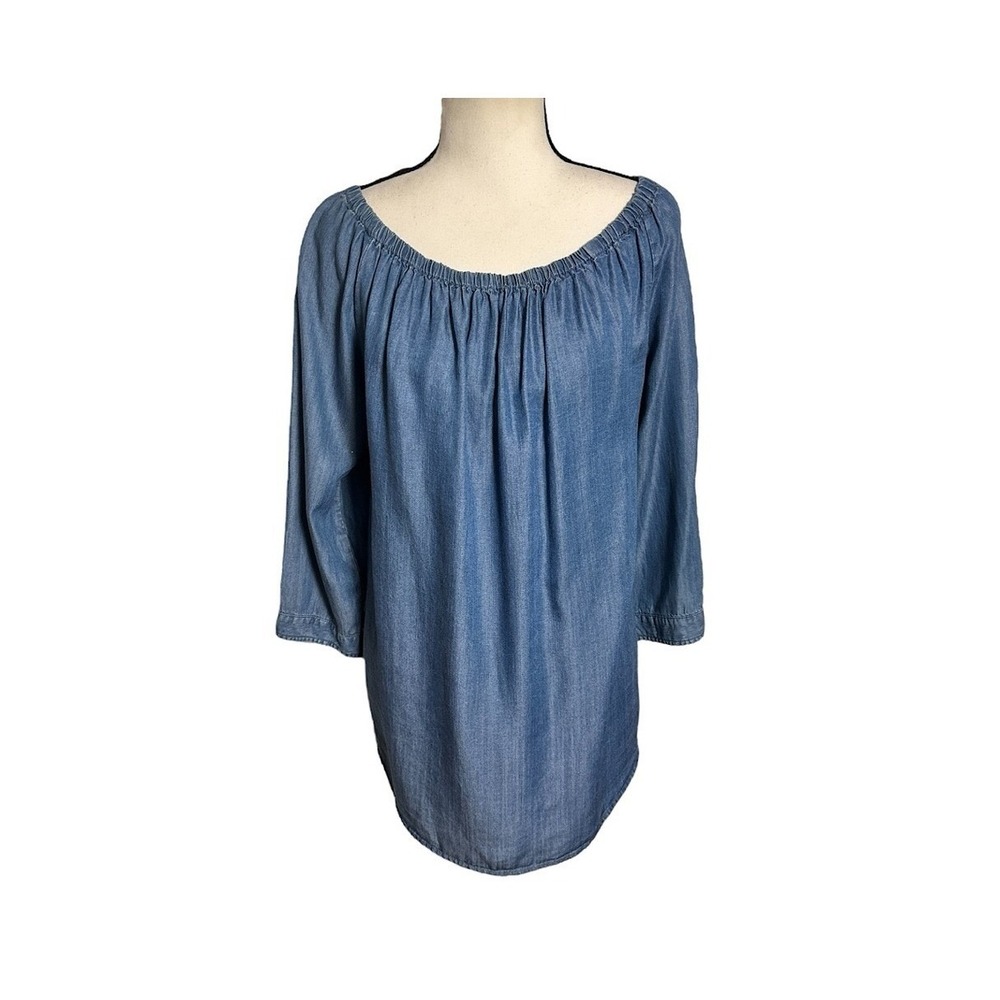 3/$20💥 Beachlunchlounge Women's Chambray Flowy Blouse Lg Peasant Coastal Casual